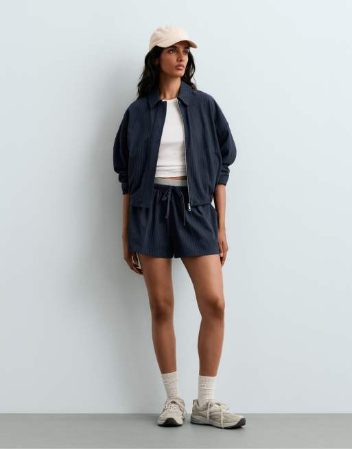 OYSHO - Pantaloncini in piqué di cotone blu navy gessato, 2 di 5