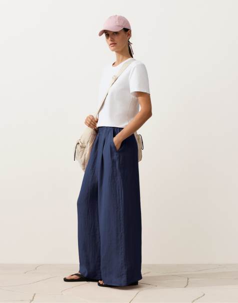 OYSHO - Pantaloni 100% lino a fondo ampio blu navy - view 1