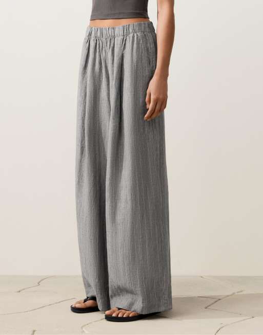 OYSHO - Pantaloni 100% lino a fondo ampio grigi, 2 di 4