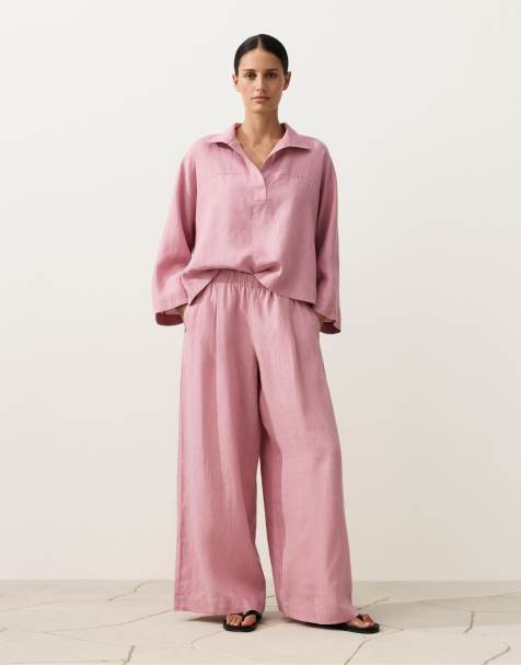 OYSHO - Pantaloni 100% lino a fondo ampio rosa - view 1