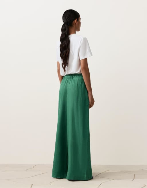 OYSHO - Pantaloni 100% lino a fondo ampio verdi, 2 di 4