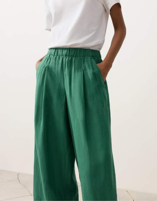 OYSHO - Pantaloni 100% lino a fondo ampio verdi, 4 di 4