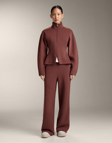 OYSHO - Pantaloni a coste a vita alta in modal morbido al tatto color talpa - view 1