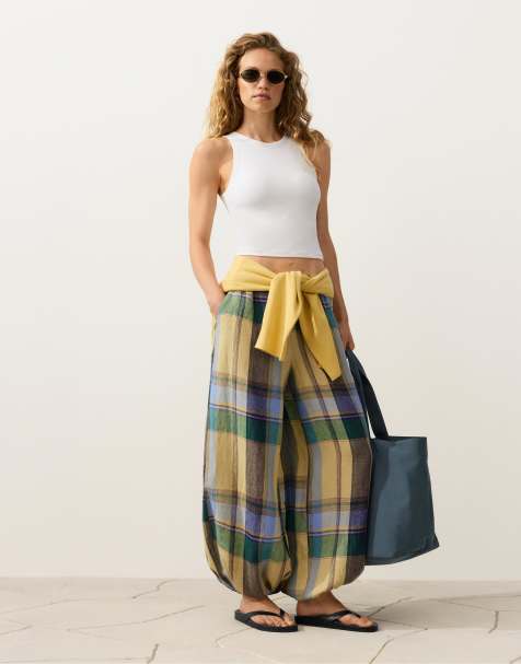 OYSHO - Pantaloni a fiori gialli e verdi 100% lino - view 1