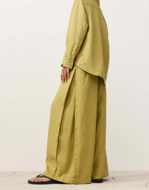 OYSHO - Pantaloni a fondo ampio in 100% lino verde lime con pieghe laterali, 4 di 4