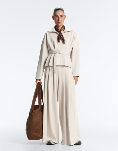 OYSHO - Pantaloni a fondo ampio in cotone piqué beige con pieghe - view 1