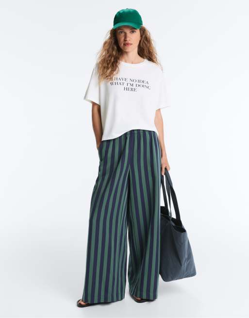 OYSHO - Pantaloni a fondo ampio in misto cotone a righe verdi, 2 di 4