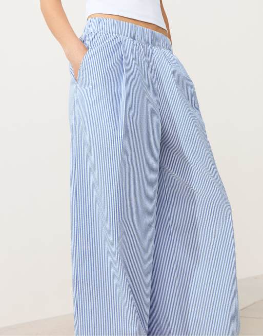 OYSHO - Pantaloni a fondo ampio in misto cotone azzurri a righe, 4 di 4