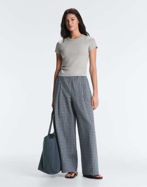 OYSHO - Pantaloni a fondo ampio in misto cotone grigio-blu a quadri - view 1