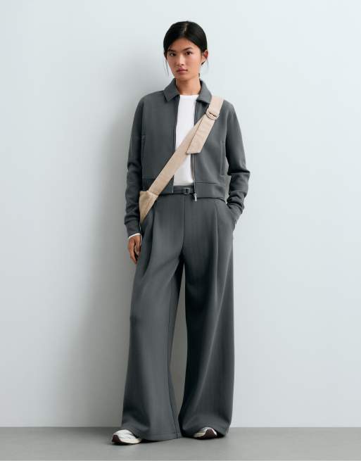 OYSHO - Pantaloni a fondo ampio in piqué di cotone grigi a righe, 2 di 7
