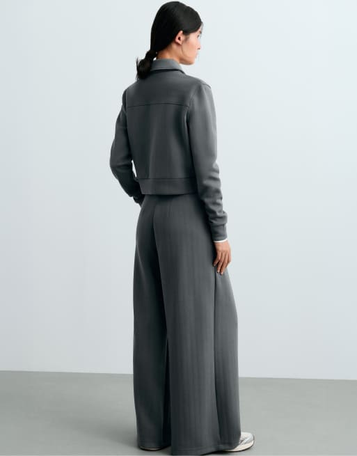 OYSHO - Pantaloni a fondo ampio in piqué di cotone grigi a righe, 4 di 7