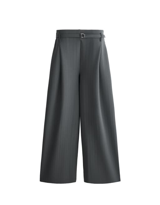 OYSHO - Pantaloni a fondo ampio in piqué di cotone grigi a righe, 5 di 7