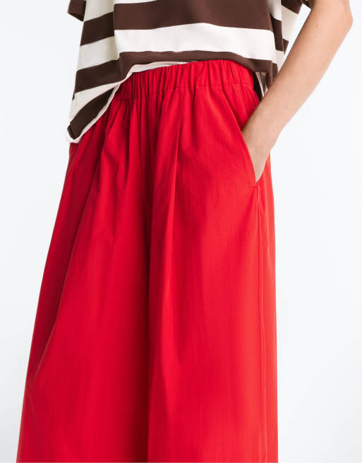 OYSHO - Pantaloni a fondo ampio in popeline di 100% cotone rossi, 3 di 4