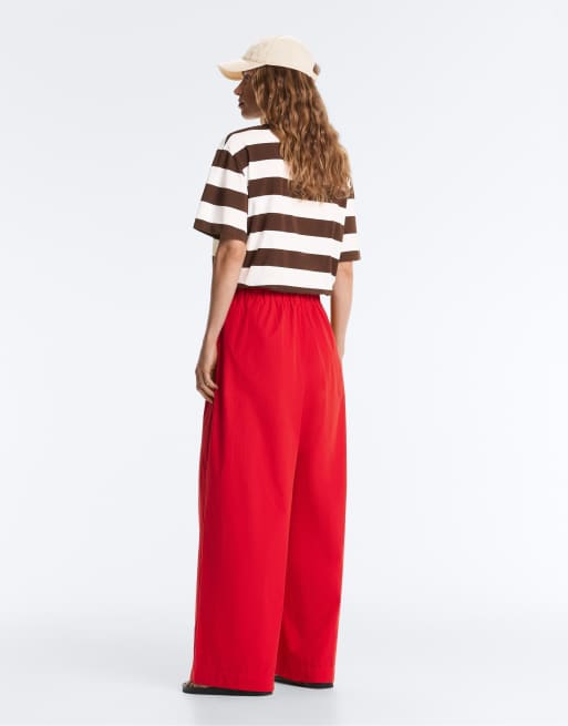 OYSHO - Pantaloni a fondo ampio in popeline di 100% cotone rossi, 4 di 4