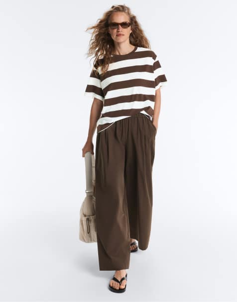 OYSHO - Pantaloni a fondo ampio in popeline di cotone 100% marrone - view 1
