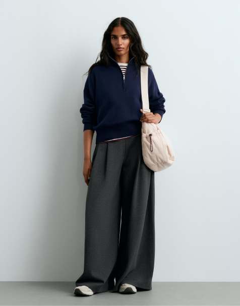 OYSHO pantaloni a gamba larga in piqué di cotone grigio scuro - view 1