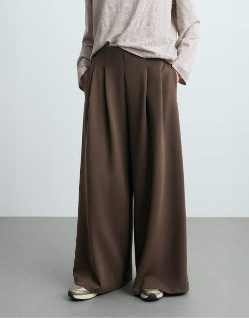 OYSHO pantaloni a gamba larga in piqué di cotone marroni, 2 di 5