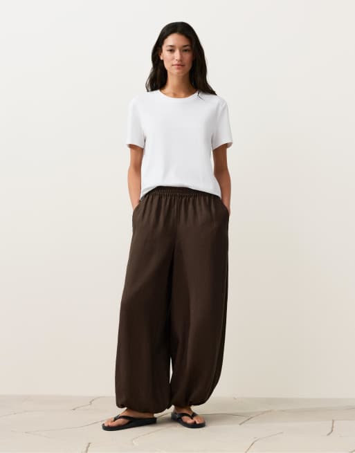 OYSHO - Pantaloni a palloncino 100% lino marrone, 3 di 4