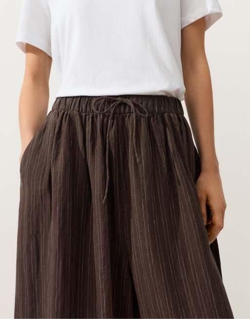 OYSHO - Pantaloni a palloncino 100% lino marroni a righe, 3 di 4