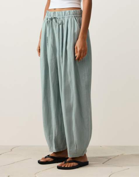 OYSHO - Pantaloni a palloncino a pieghe in 100% lino color acquamarina - view 1
