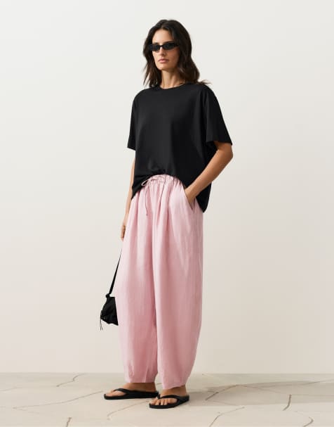 OYSHO - Pantaloni a palloncino in 100% lino color rosa polvere a pieghe - view 1