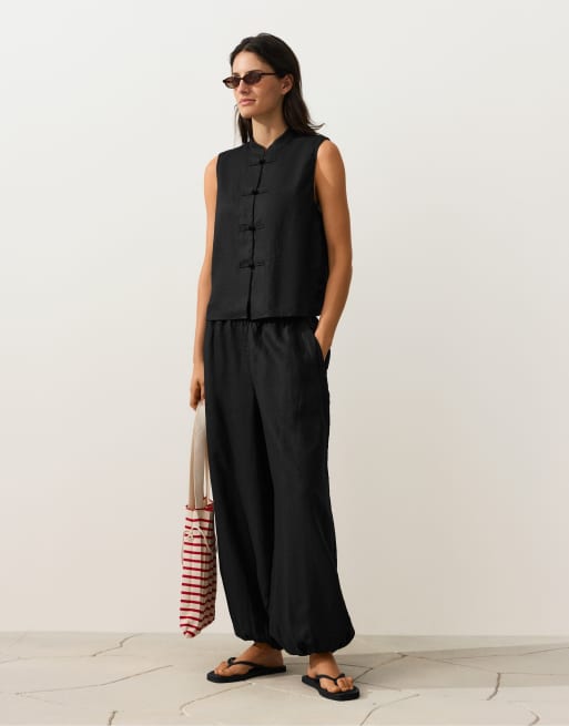 OYSHO - Pantaloni a palloncino in 100% lino neri, 3 di 4