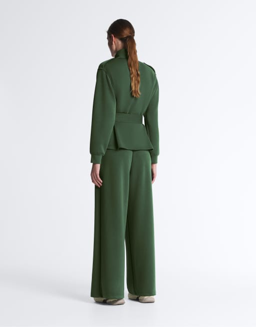 OYSHO - Pantaloni a pieghe a vita alta in twill verde, 3 di 4