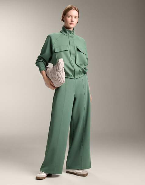 OYSHO - Pantaloni a vita molto alta verde slavato in piqué di misto cotone - view 1