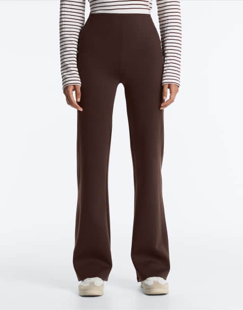 OYSHO - Pantaloni a zampa a vita alta effetto neoprene marrone scuro - view 1