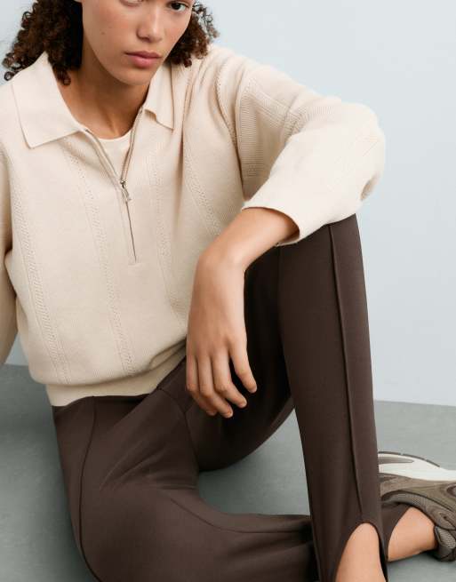 OYSHO pantaloni aderenti con staffa in cotone marroni, 3 di 6