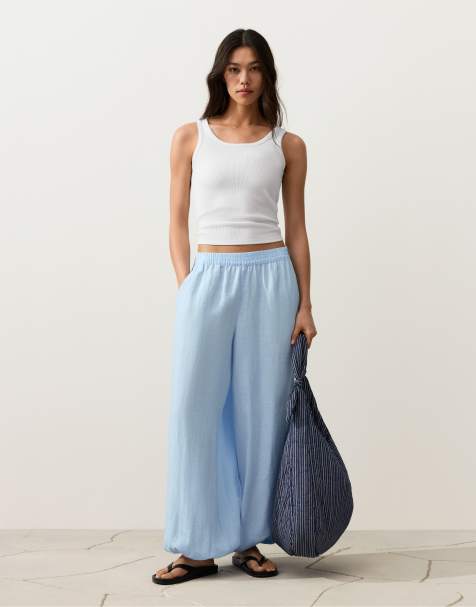 OYSHO - Pantaloni bloomer in 100% lino blu - view 1