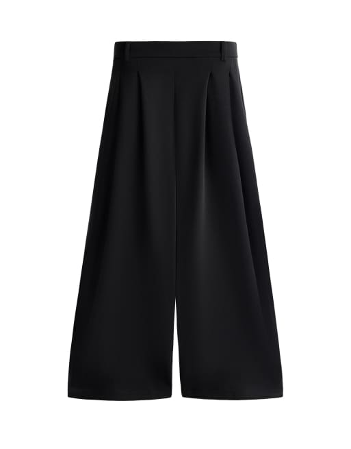 OYSHO - Pantaloni cropped a fondo ampio in modal soft-touch neri con pieghe, 6 di 7