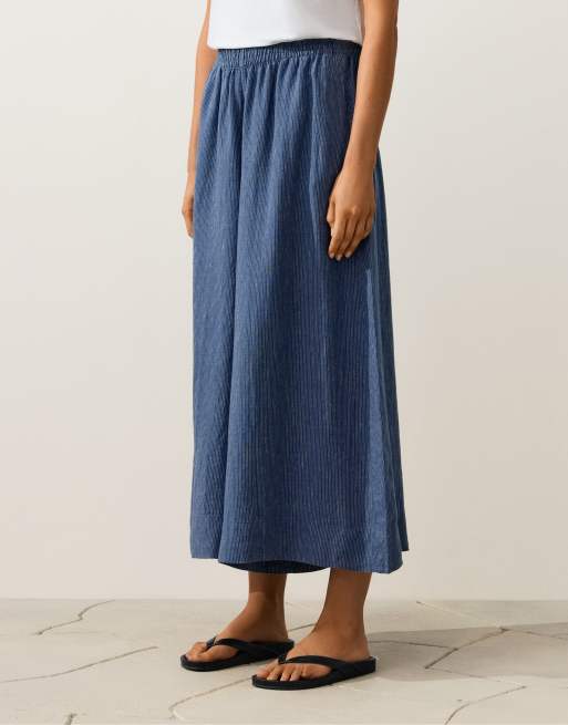 OYSHO - Pantaloni cropped a fondo super ampio 100% lino blu, 2 di 4
