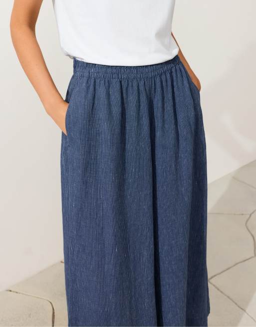 OYSHO - Pantaloni cropped a fondo super ampio 100% lino blu, 3 di 4