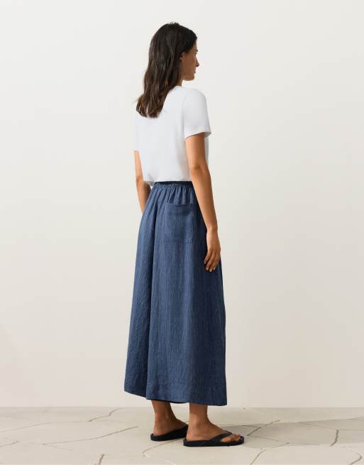 OYSHO - Pantaloni cropped a fondo super ampio 100% lino blu, 4 di 4
