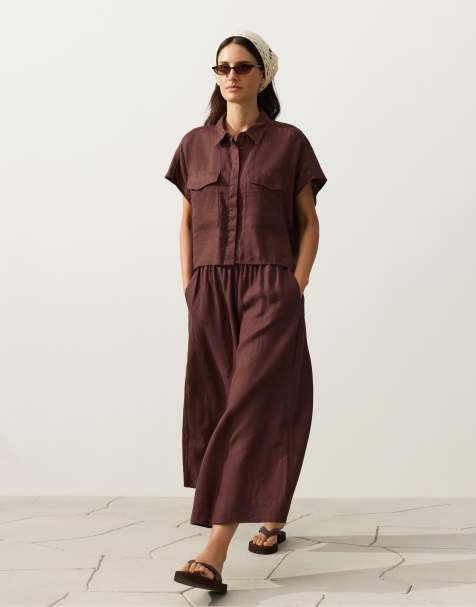 OYSHO - Pantaloni cropped a fondo super ampio marroni 100% lino - view 1