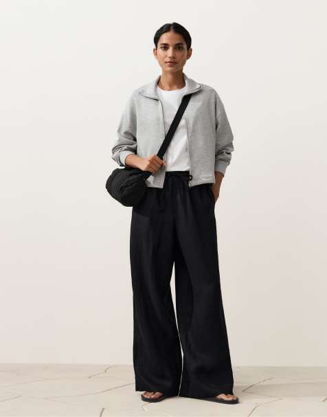 OYSHO - Pantaloni dritti in 100% lino neri con cuciture a vista - view 1