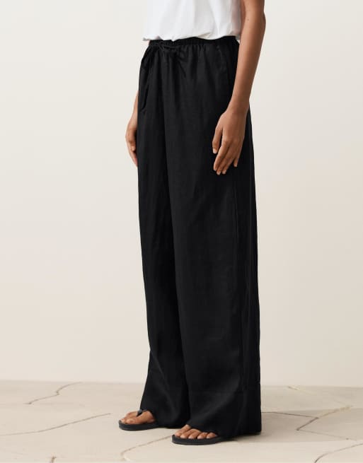 OYSHO - Pantaloni dritti in 100% lino neri con cuciture a vista, 2 di 4