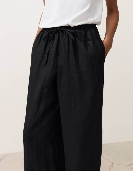 OYSHO - Pantaloni dritti in 100% lino neri con cuciture a vista, 4 di 4