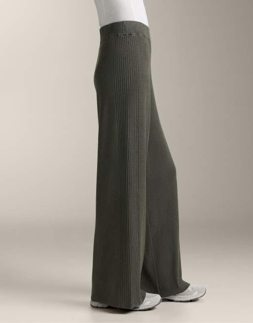 OYSHO - Pantaloni dritti in maglia a coste verde militare, 3 di 4