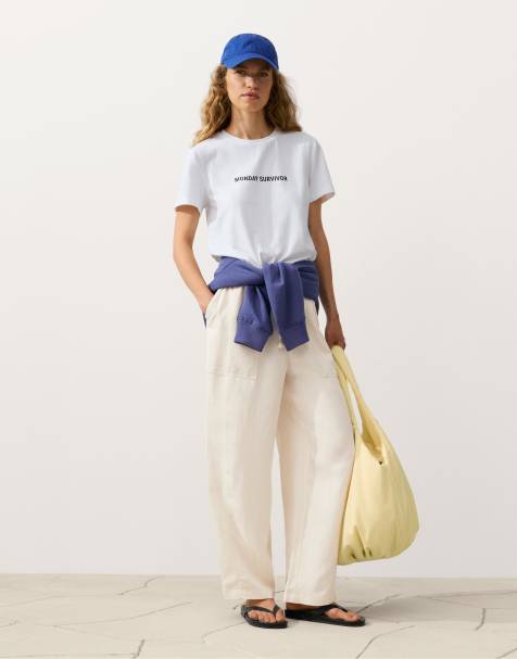 OYSHO - Pantaloni dritti in misto lyocell e 24% lino écru pallido - view 1