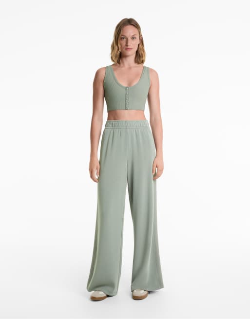 OYSHO - Pantaloni dritti in misto modal morbido al tatto color blu-verde con dettaglio laterale a coste
