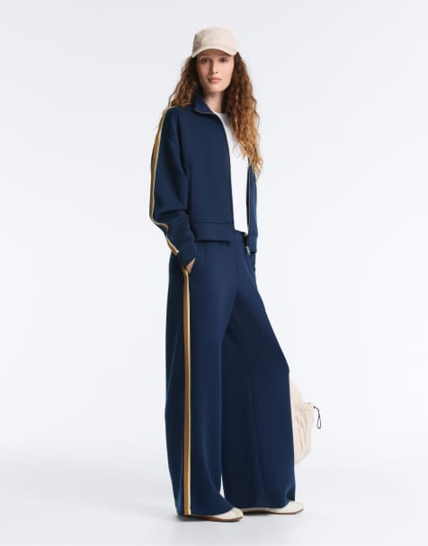 OYSHO - Pantaloni dritti in twill blu navy con fettuccia laterale - view 1