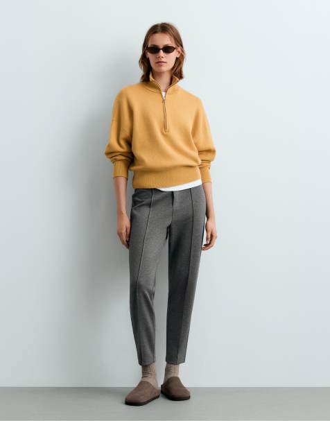 OYSHO pantaloni in cotone piqué con dettagli di cucitura grigi - view 1