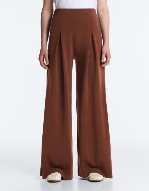 OYSHO - Pantaloni lunghi in misto modal soft touch color caffè con pieghe, 2 di 4