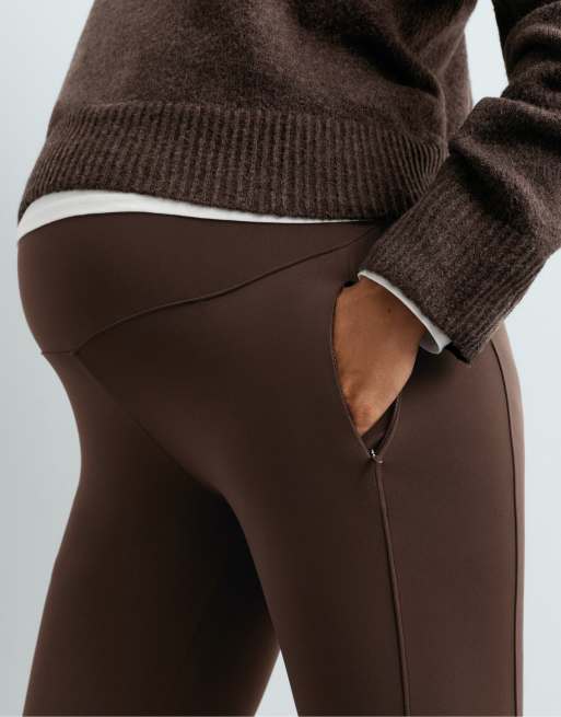 OYSHO pantaloni premaman a zampa caldi con zip marroni, 3 di 6