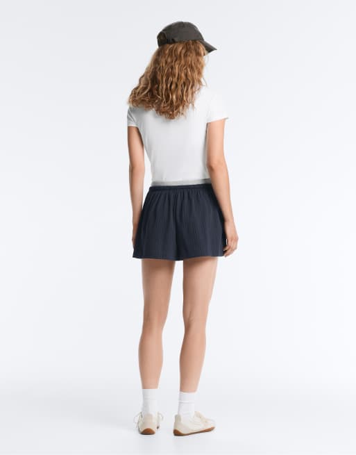 OYSHO Pinstripe cotton pique shorts in navy, 4 of 4