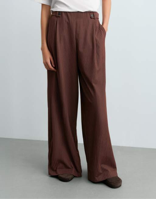 OYSHO Pinstripe cotton piqué wide-leg trousers in brown, 3 of 6