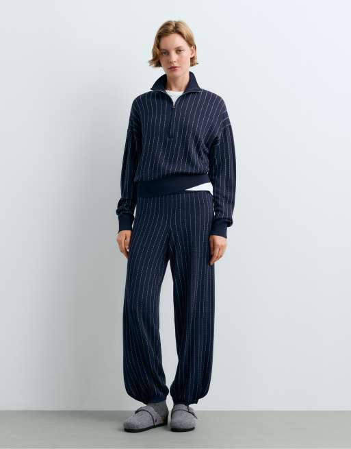 OYSHO Pinstripe half-zip knit jumper in navy, 5 of 7
