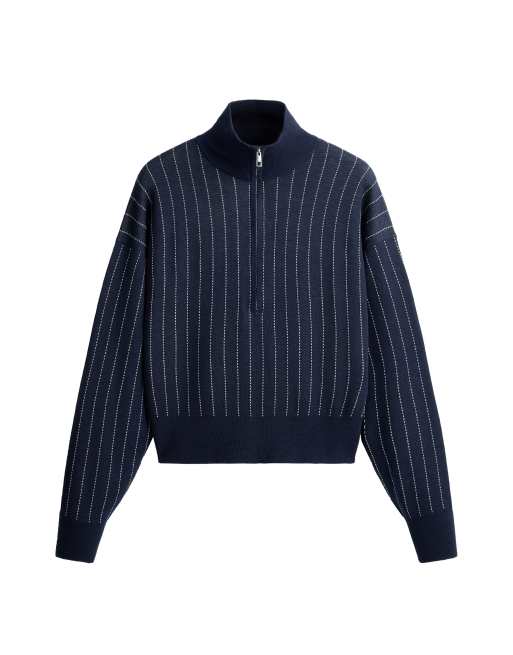 OYSHO Pinstripe half-zip knit jumper in navy, 6 of 7